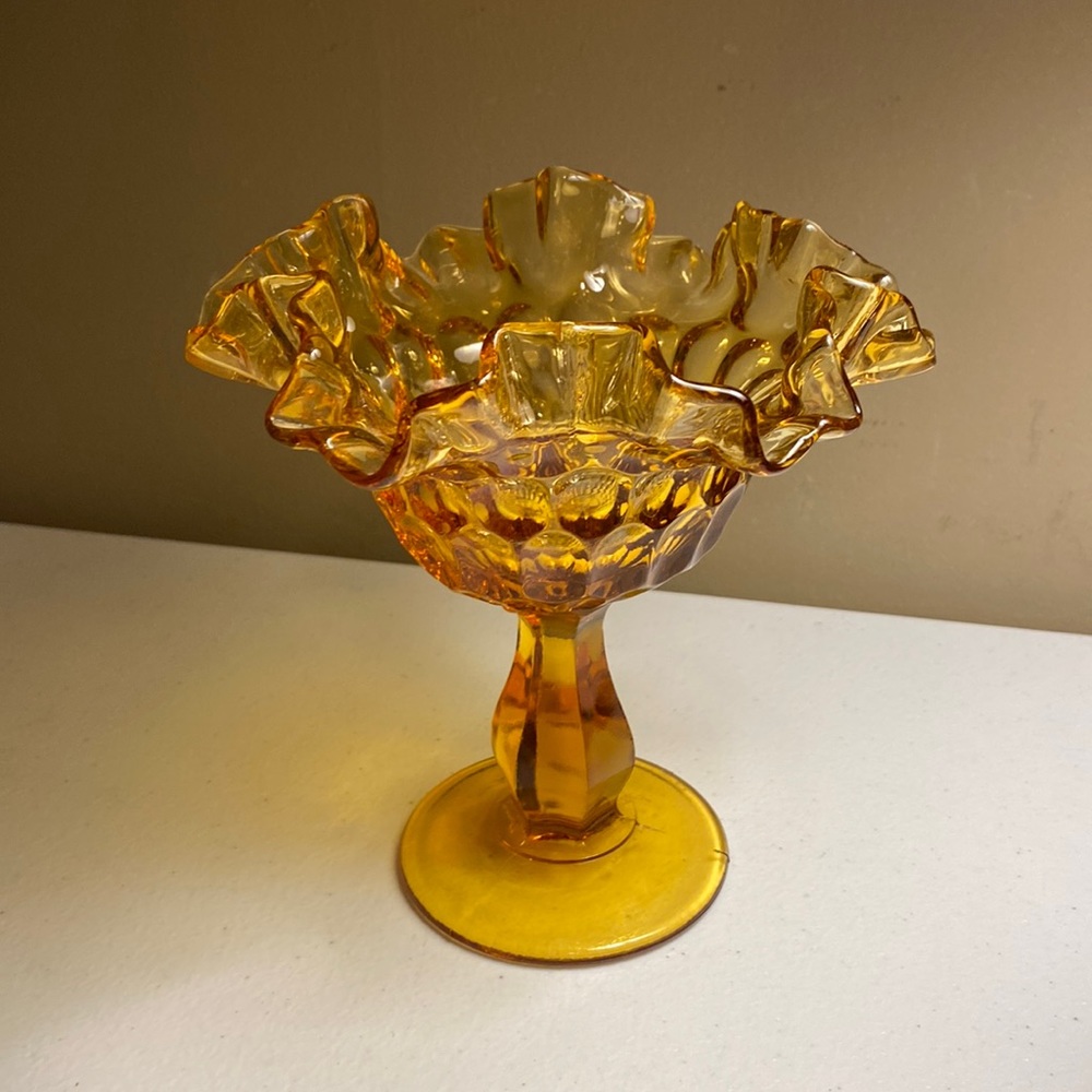 Vintage Fenton Amber Thumbprint Ruffled Edge Compote